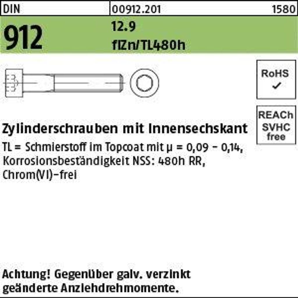 Reyher Zylinderschrauben DIN 912 12.9 M16x55 flZn/nc/TL/x/480h/C flZn (50)