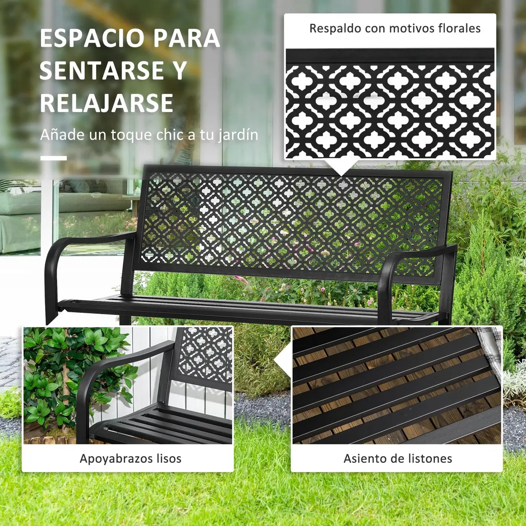 Banc d'Extérieur en Métal Noir Design Classique pour Terrasse et Balcon