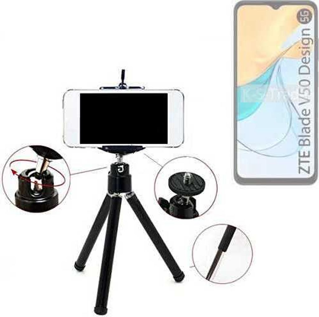 K-S-Trade Smartphone Stativ Dreibein kompatibel mit ZTE Blade V50 Design 5G Tripod aus Aluminium Klemmstativ Stativ Adapter für Mobiltelefone
