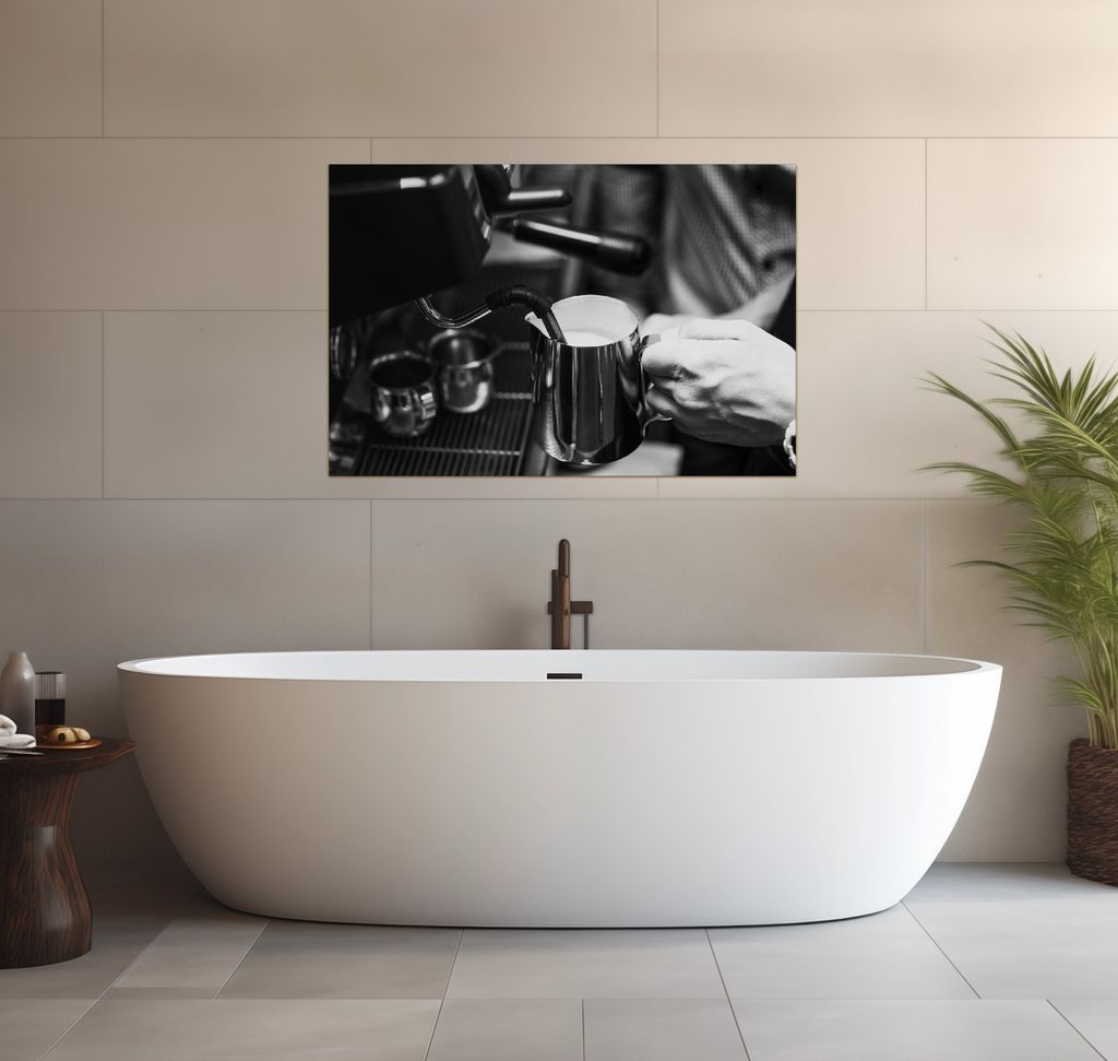 Wallario wasserfestes Poster selbstklebend 91,50 x 61 cm, Barista - Einblick in ein Café, Badezimmerposter Spritzschutz mit Hochglanzoberfläche i...