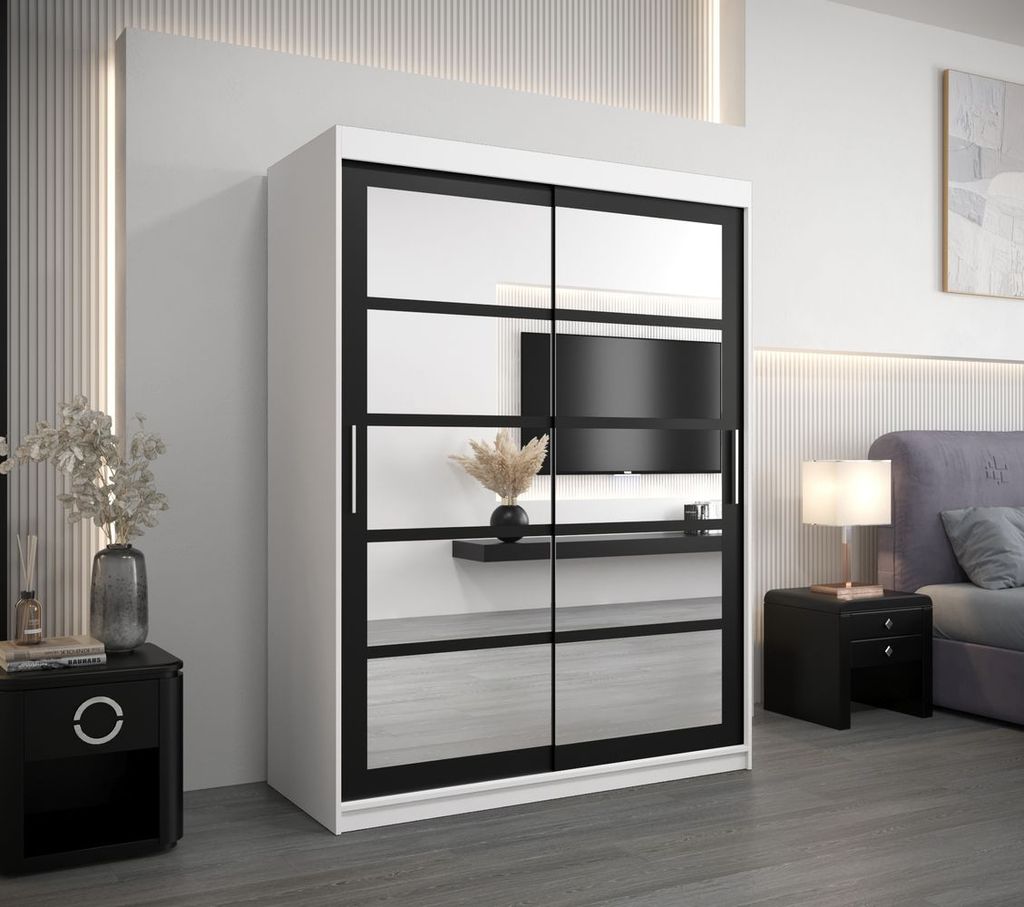 Kleiderschrank mit Spiegeln KARLA – Breite 150 cm, weiß/schwarz