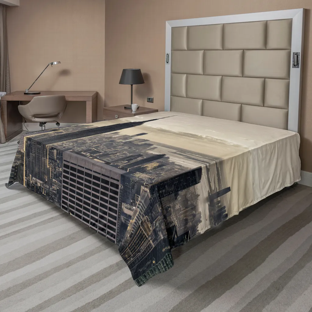Drap de lit confortable gris beige, motif New York architecture 275x260