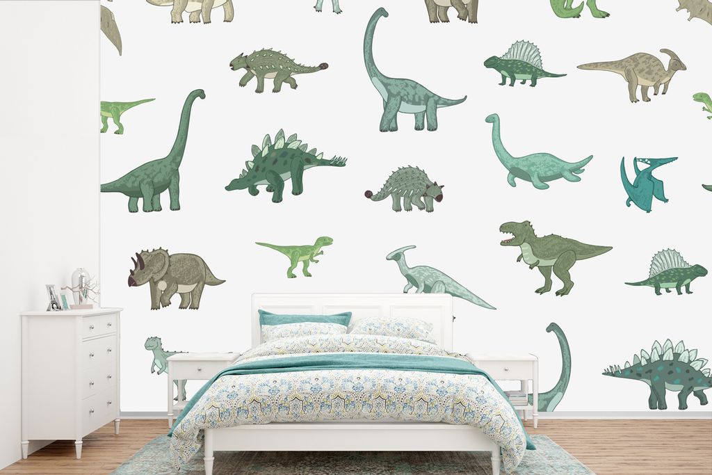 MuchoWow Fototapete für Wohnzimmer oder Schlafzimmer Wandtapete Vinyl Motivtapete Dinosaurier - Grün - Jungen - Braun - Kind - Muster - 525x350...