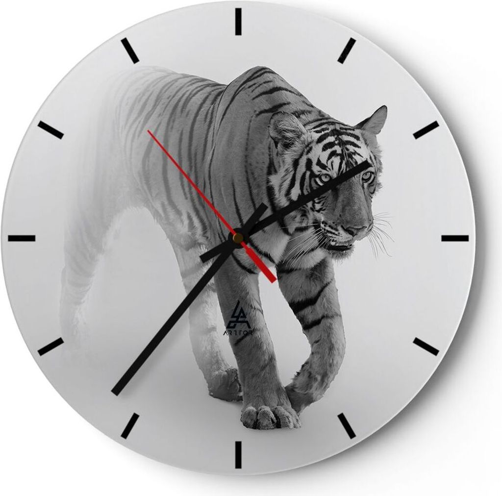 Wanduhr - Rund - Glasuhr - Tiger Monochrom Porträt - 30x30cm - Schleichendes Uhrwerk - Lautlos - zum Aufhängen bereit - Dekoration Modern - Wandd...