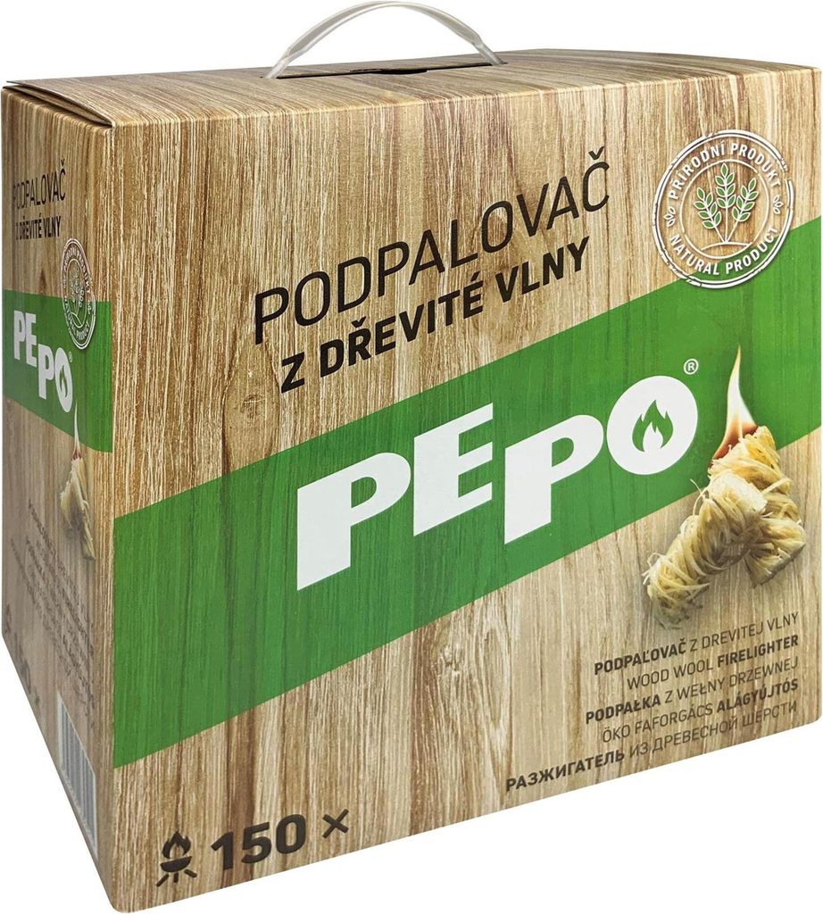 A cardboard box of PE-PO wood wool firelighters, designed to look like wood grain.