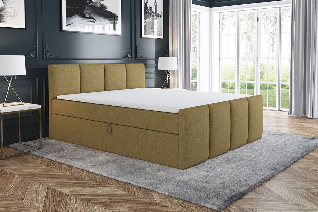 Boxspringbett ECOS 200 x 200 mit 2 Bettkästen, Bonell-Matratze und Topper. Farbe: Hellbraun
