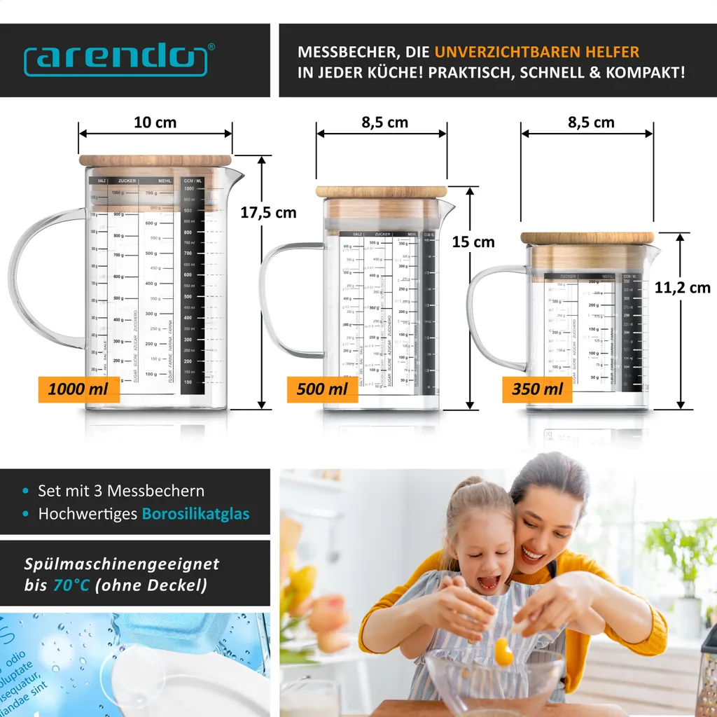 Arendo - Set di caraffe in vetro - misure 350ml, 500ml, 1000ml (0,35l 0,5l 1l) - caraffa dosatrice in vetro - vetro borosilicato - scala precisa - resistente al calore - contenitore in vetro con coperchio in bambù - guarnizione in silicone - 2