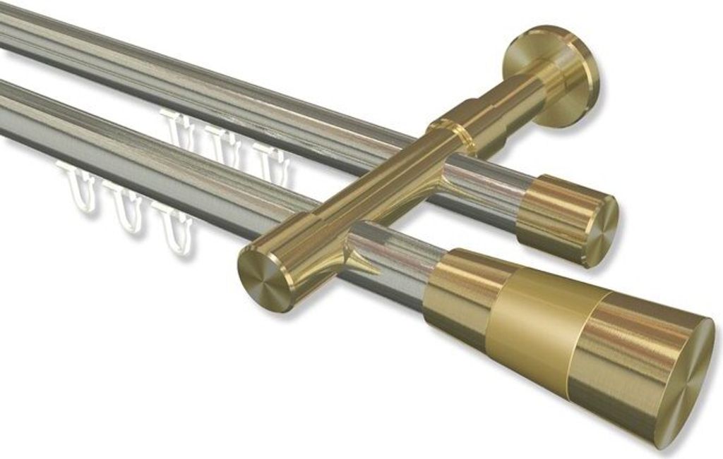 Interdeco Innenlaufstange, Gardinenstange mit Innenlauf Edelstahl-Optik / Messing-Optik Modell Prestige Tanara, 20 mm Ø 2-läufig, 480 cm (geteilt)