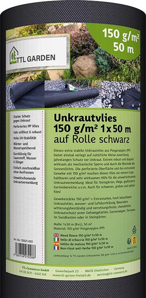 TTL GARDEN Unkrautvlies 50m² 1x50m schwarz 150g/m² Produktbild 