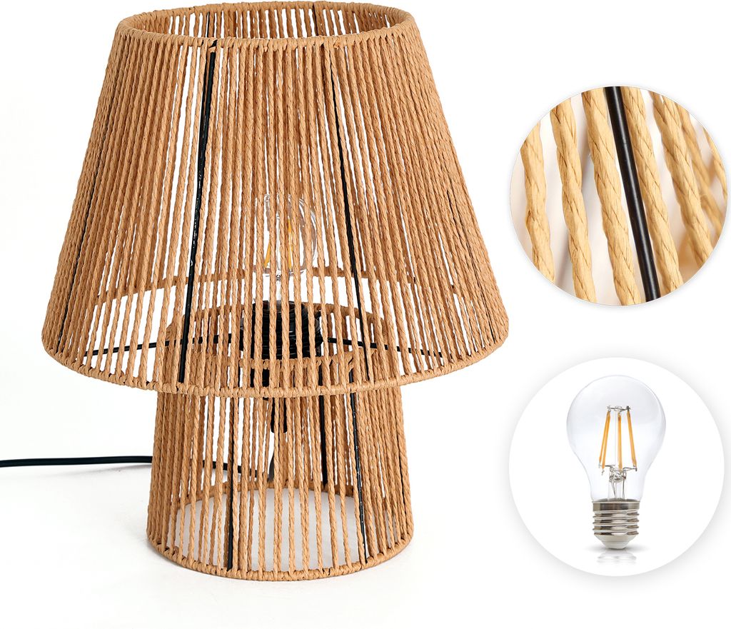 Set Natürliche Tischlampe BOHO SIMBU LS Schnur und Metall kleine Nachttischlampe 1xE27 + Glühbirne 7W E27 Warmweiß