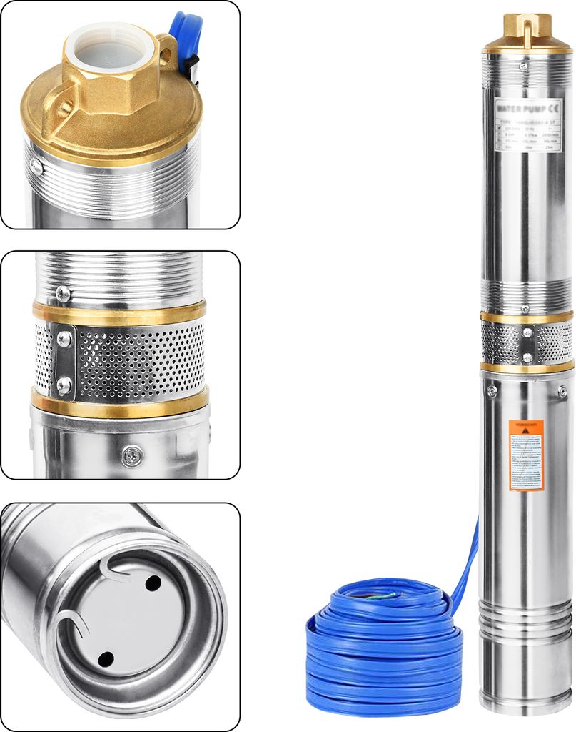 A collage of close-up shots of a submersible water pump and a coiled blue hose, with a full view of the pump and hose on the right.