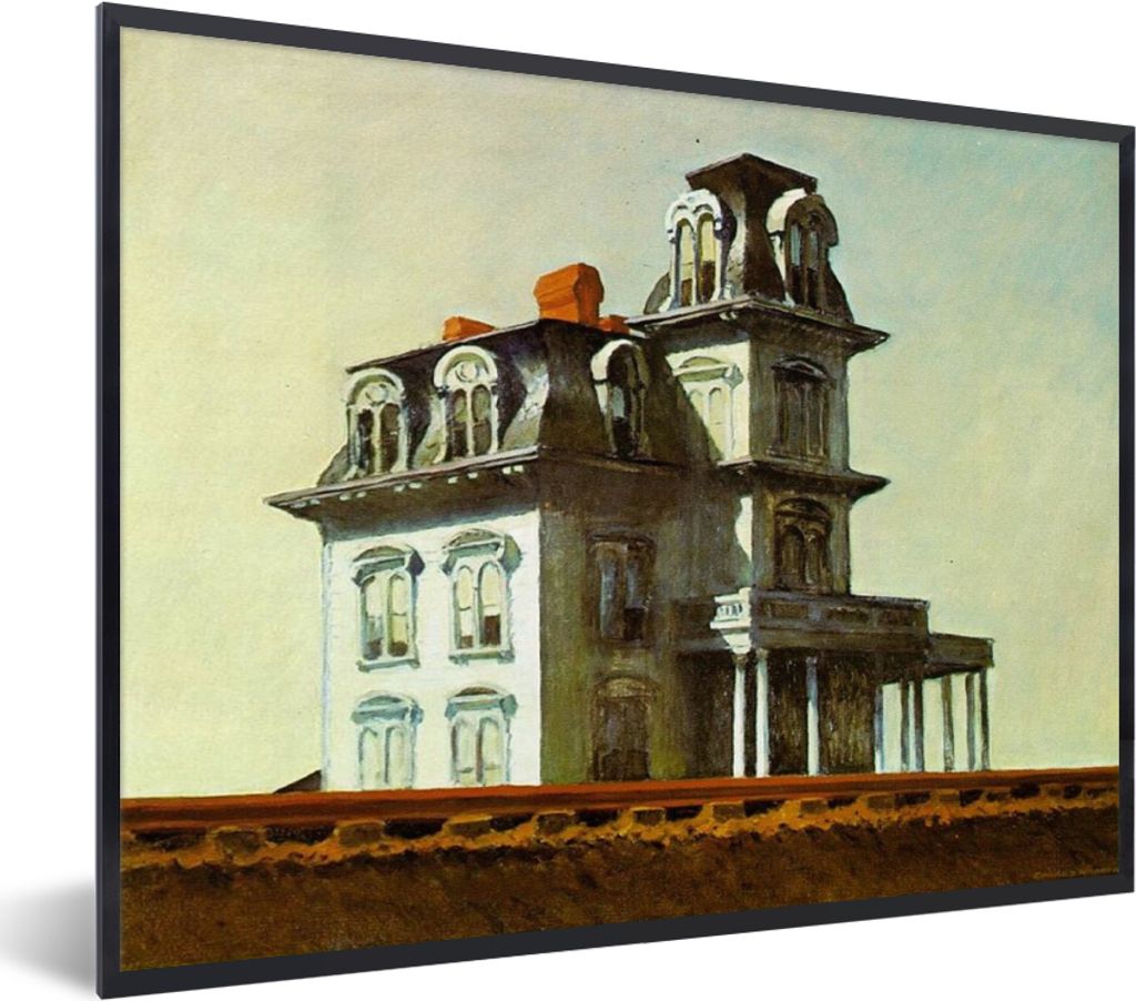 MuchoWow MuchoWow Gerahmtes Poster Haus an der Eisenbahn - Edward Hopper 40x30 cm - Poster mit zchwarzem Bilderrahmen - Kunstposter - Wanddekor...