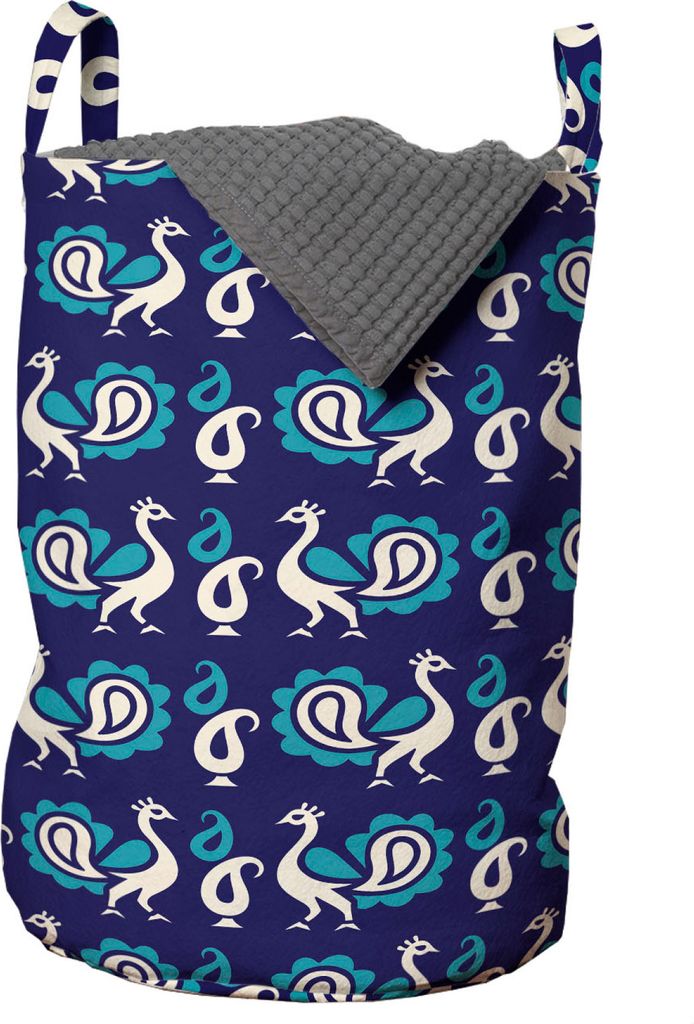 ABAKUHAUS Pfau Wäschesack, Verziert Vogel-Muster, Wäschekorb mit Griffen Kordelzugverschluss für Waschsalons, 33 cm breit x 49 cm hoch, Indigo I...