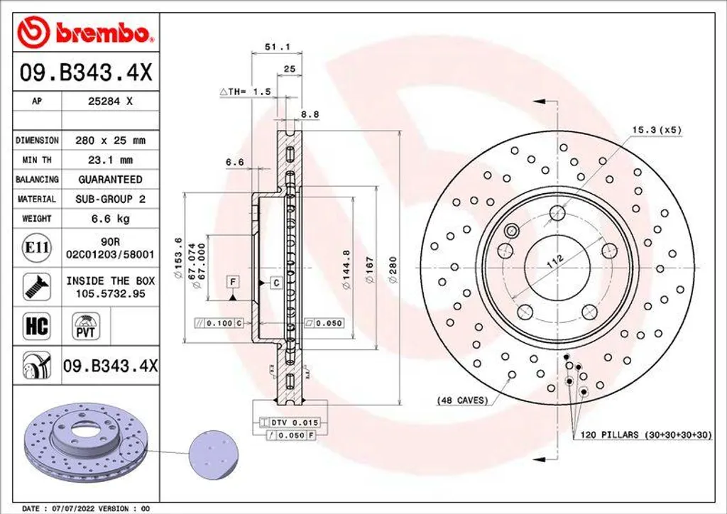 Disque de Frein Mercedes OE 2464210012 Brembo 09.B343.4X Silencieux W176