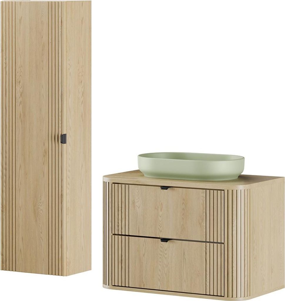 Badmöbel-Set 2-teilig, Waschtisch 80 cm mit Aufsatzwaschbecken und Hochschrank in Eiche, gerillt - OLIVA-56