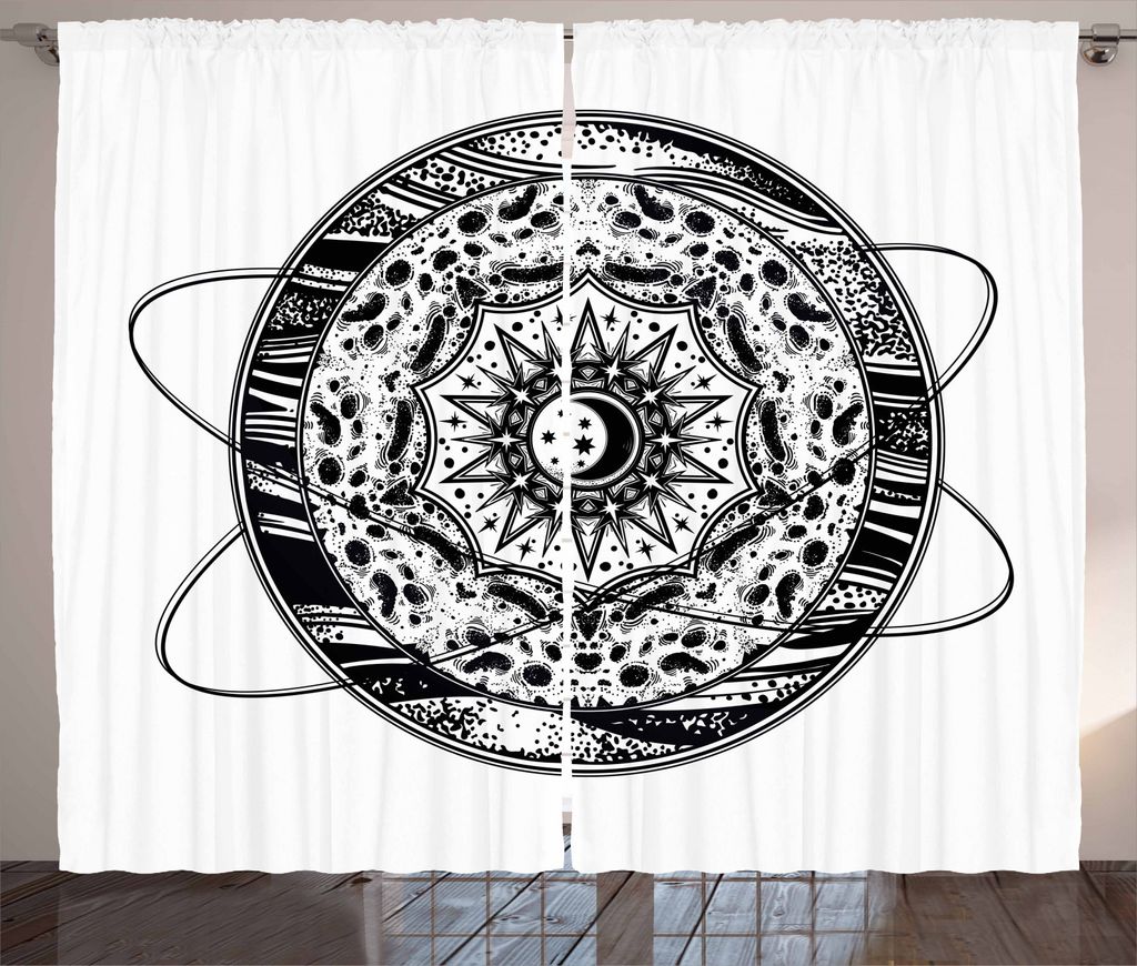 ABAKUHAUS Galaxy Mandala Rustikaler Vorhang, Orbital Hoops, Wohnzimmer Universalband Gardinen mit Schlaufen und Haken, 280 x 245 cm, Schwarz und weiß