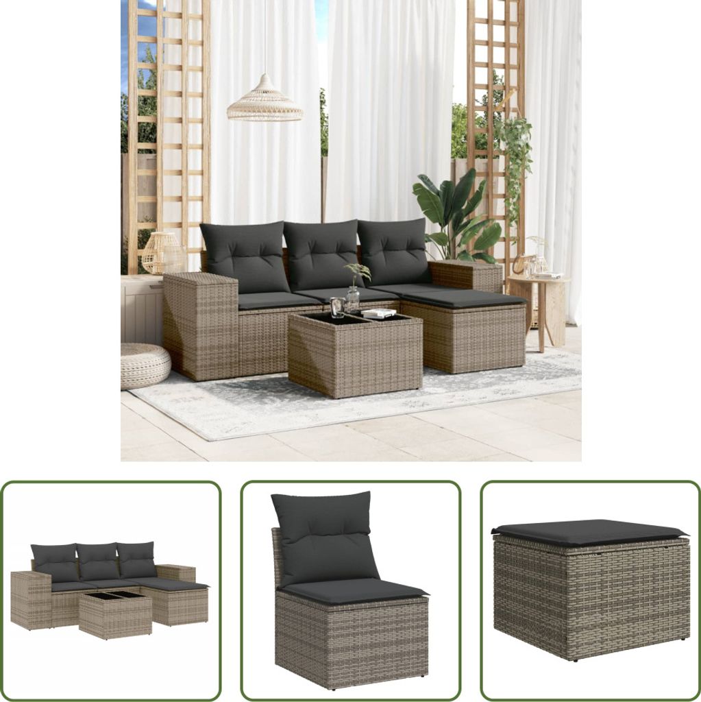 The Living Store 5-tlg. Garten-Sofagarnitur mit Kissen Grau Poly Rattan