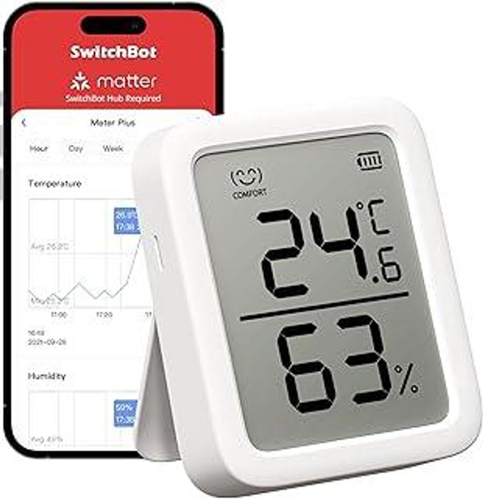 SwitchBot Thermometer Hygrometer Innen, Bluetooth Hygrometer Digital Temperatur Feuchtigkeit Sensor mit APP & Datenspeicherung, Taupunkt/VPD/Absolu...