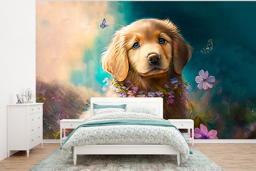 MuchoWow Fototapete für Wohnzimmer oder Schlafzimmer Wandtapete Vinyl Motivtapete Welpe - Blumenkranz - Schmetterling - Hund - Golden Retriever ...