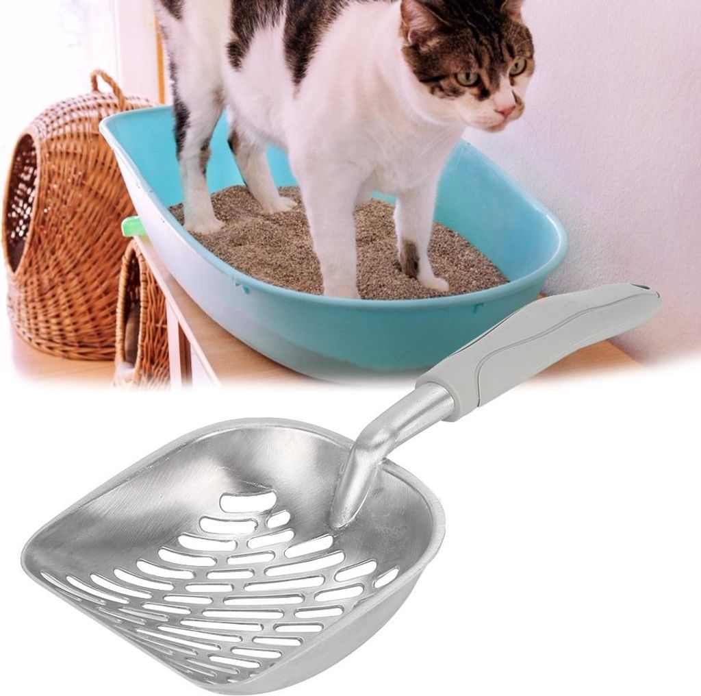 Haustierspatel, Katzenstreuschaufel, Sieb, tiefe Schaufel, ergonomischer Griff, Edelstahl, Grau