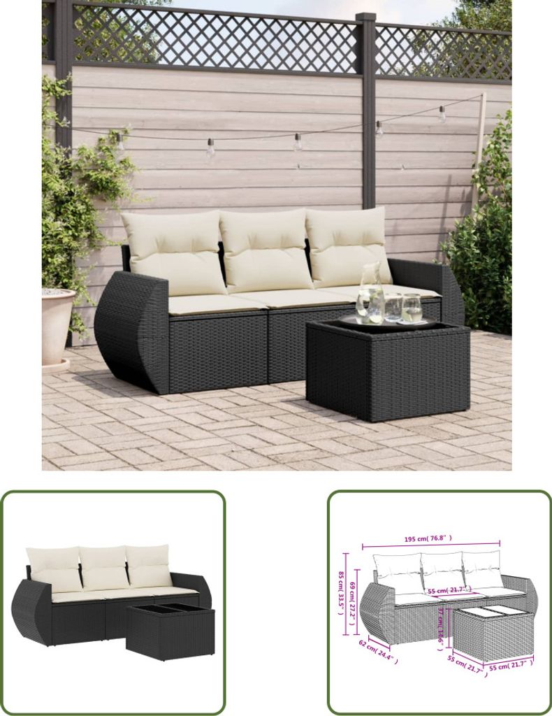 The Living Store 4-tlg. Garten-Sofagarnitur mit Kissen Schwarz Poly Rattan