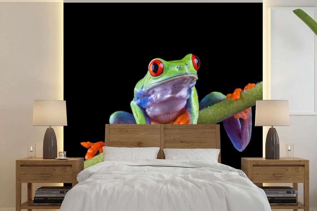MuchoWow Fototapete für Wohnzimmer oder Schlafzimmer Wandtapete Vinyl Motivtapete Frosch - Pflanze - Schwarz - 280x280 cm - Hintergrundbild