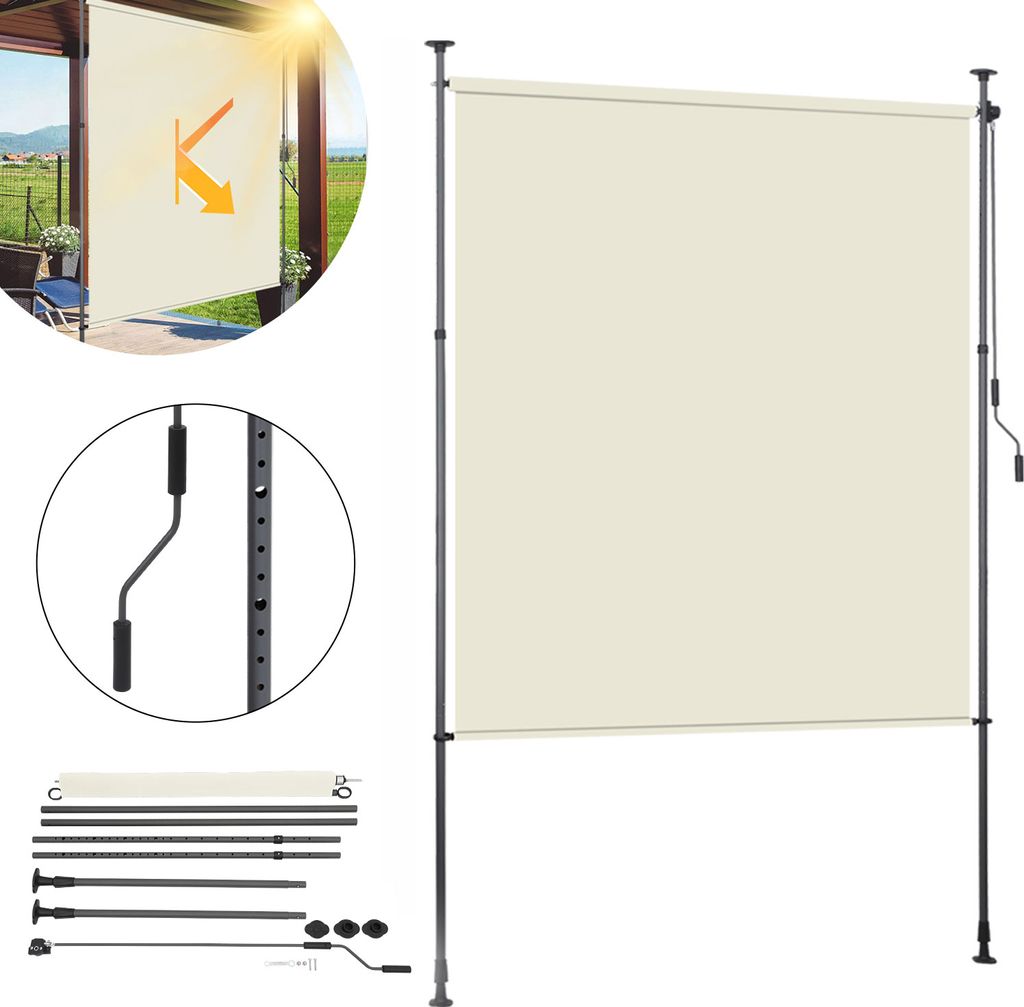 Clanmacy Senkrechtmarkise Außenrollo 200 x 270 cm Balkonrollo mit Handkurbel Sichtschutz Vertikalmarkise ohne Bohren Sonnenschutz Windschutz Creme