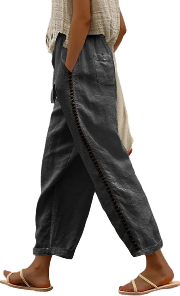 ASKSA Damen Leinenhosen 7/8 Sommer Leicht Leinen Hosen Seitliche Aushoehlen Baggy Freizeithose, Dunkelgrau, Groesse: XL