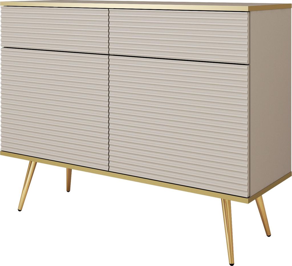 A beige sideboard with gold legs is shown against a white background.