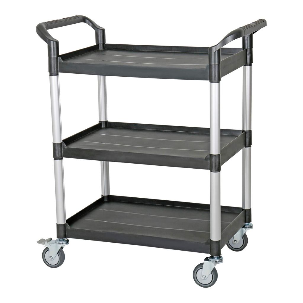 STIER Servierwagen, mit 3 Etagen, Schiebegriffe auf beiden Seiten, LxBxH 850x480x1000 mm, Tragkraft 150 kg, 4 Lenkrollen, 2 davon feststellbar, Eta...