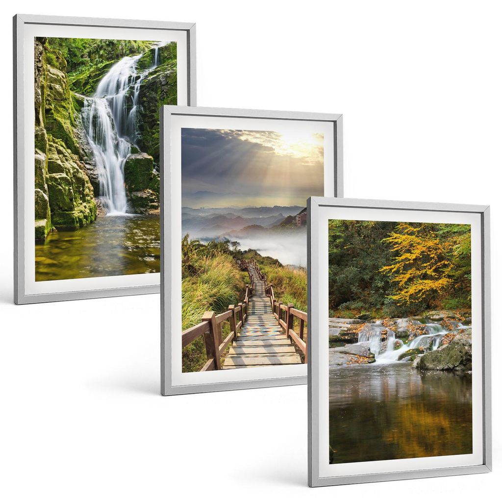 Bilder Set 3-teilig im silbergerahmten Rahmen – Wandbilder 3 Stück – gerahmte Poster für Wohnzimmer, Schlafzimmer und Flur – 40x60 cm – W...