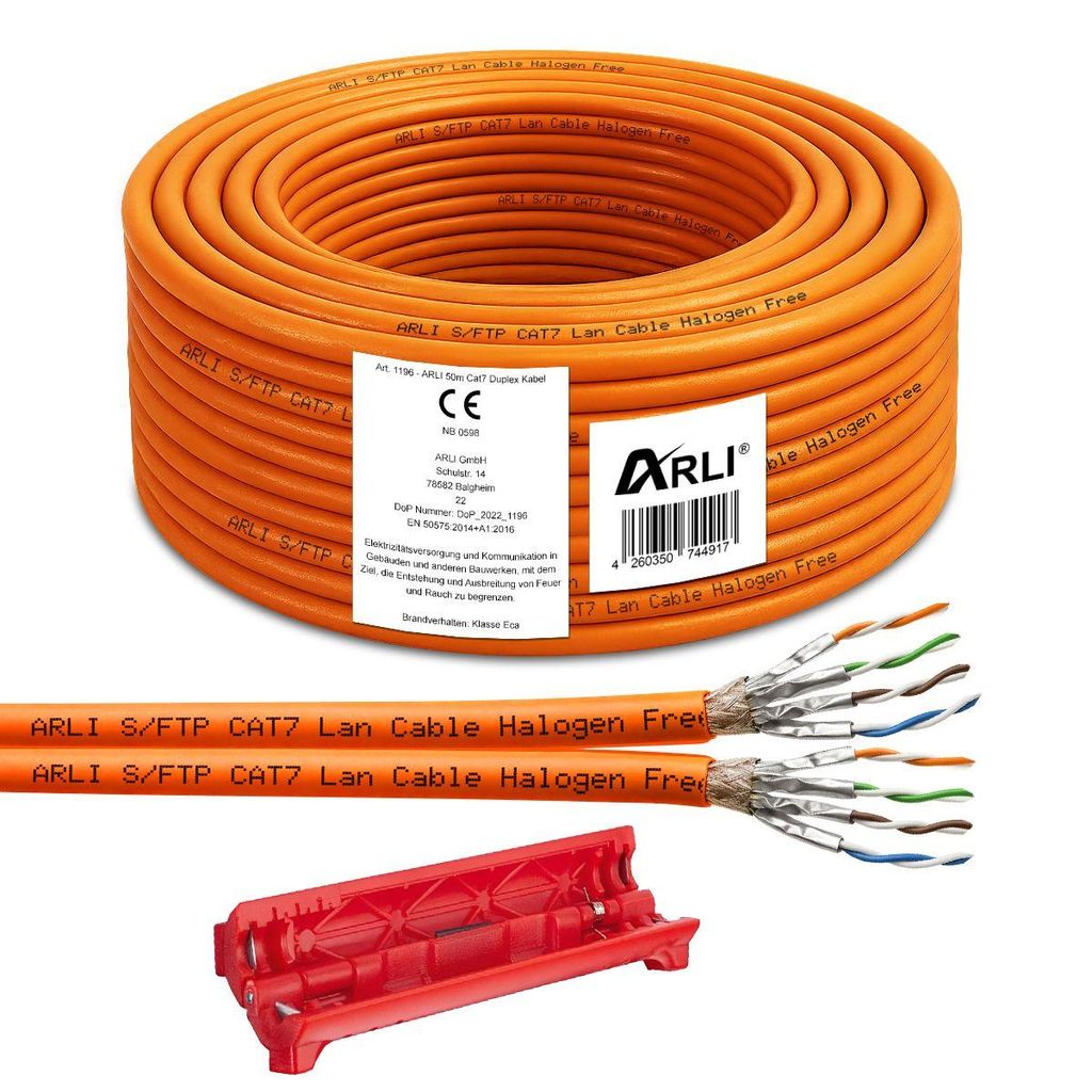 ARLI Cat7 Duplex Verlegekabel 50 m S/FTP PIMF LSZH Twin Netzwerkkabel + Abisoliermesser