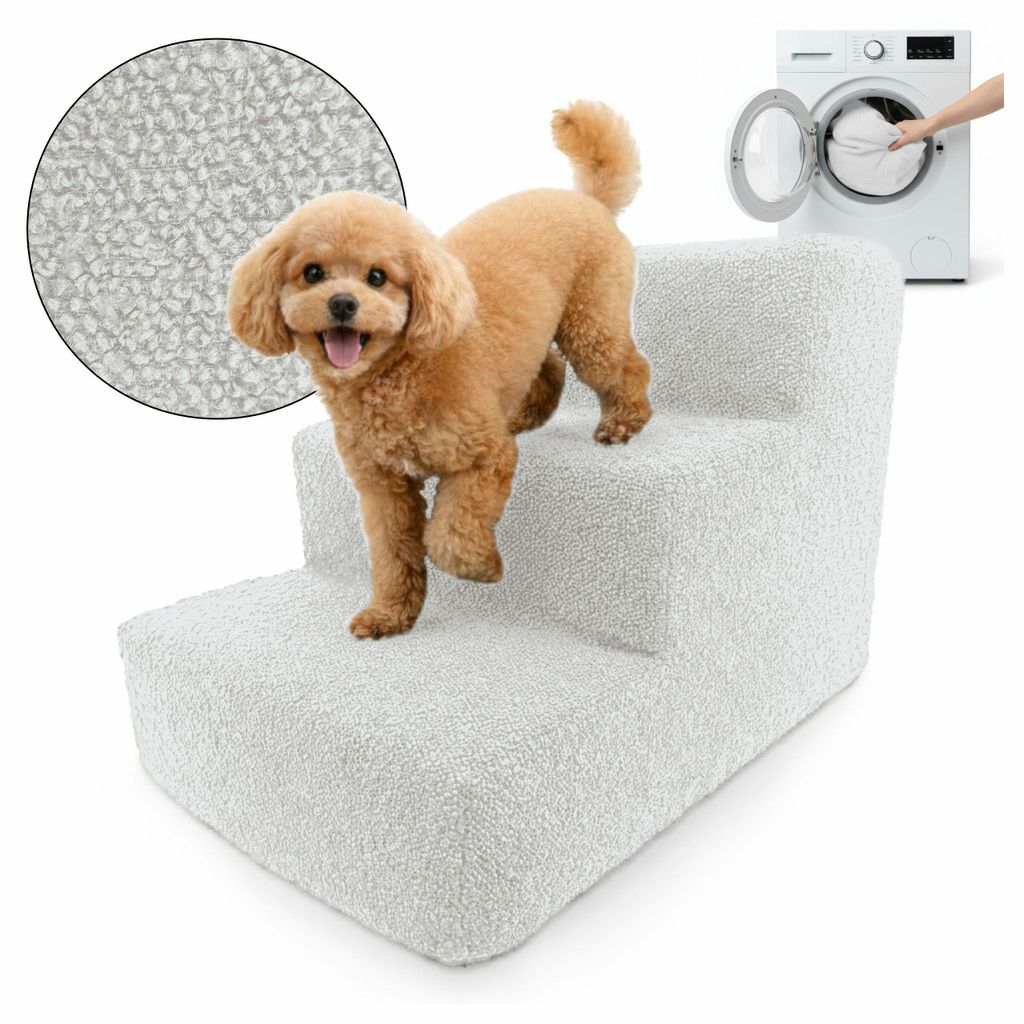 Muralo Treppe für Hund und Katze Rampe HUNDTREPPE Treppe für Haustiere 3 Stufen Creme Bouclé Stoff