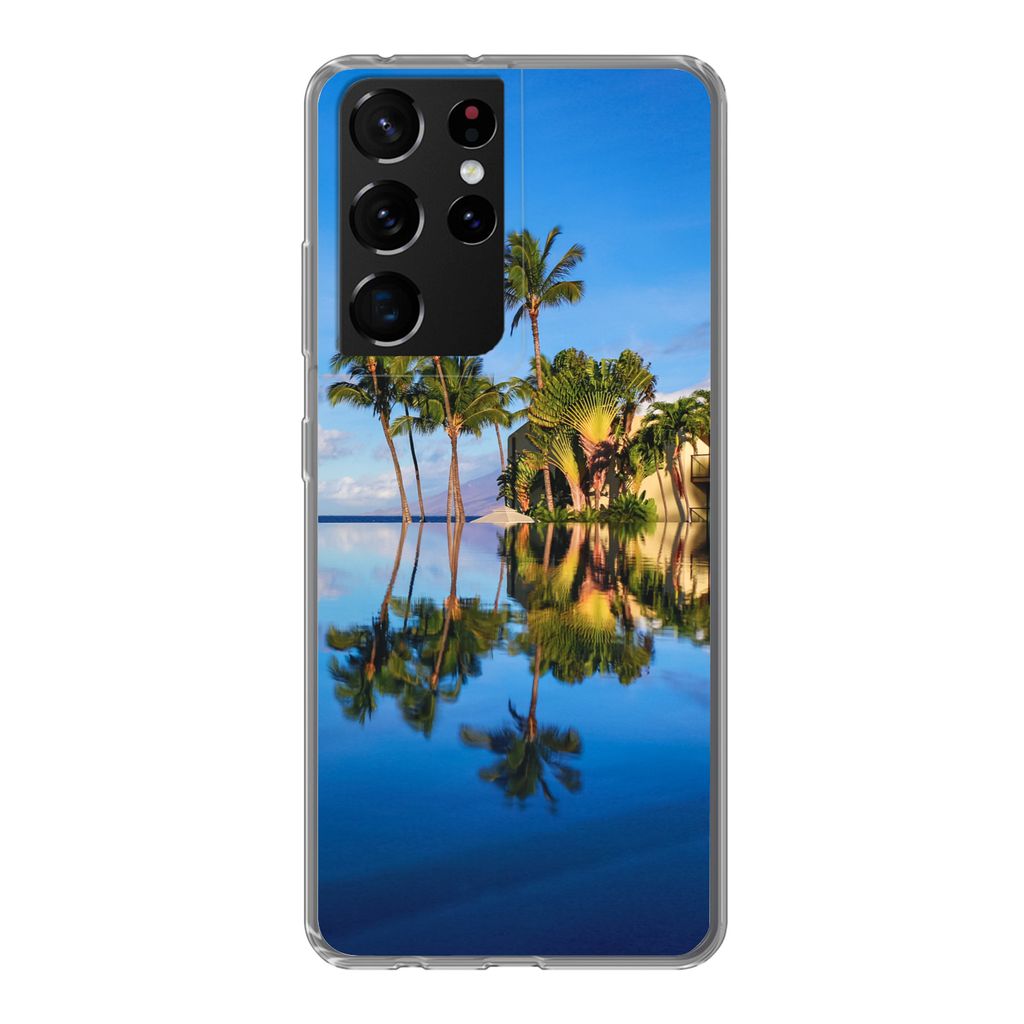 MuchoWow Handyhülle Schutzhülle Hülle für Samsung Galaxy S21 Ultra Am Wailea Beach in Hawaii spiegeln sich die Palmen im Wasser Silikon Softc...