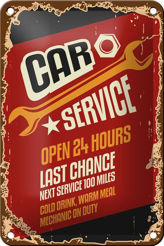 Blechschild Retro 12x18cm Car Service open 24 hours Auto