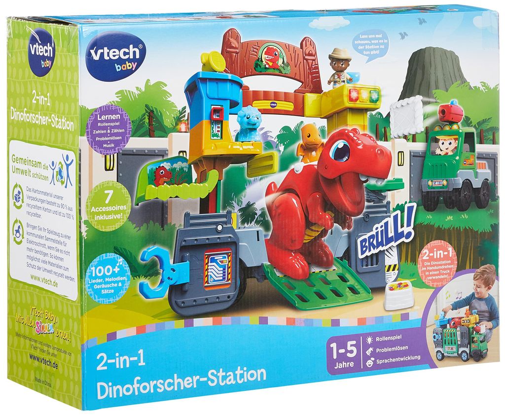 Vtech Baby 2-in-1 Dinoforscher-Station – Großes Fahrzeug und Dino-Spielset in einem mit vielen Figuren, Musik, und Lernsätzen – Für Kinder v...