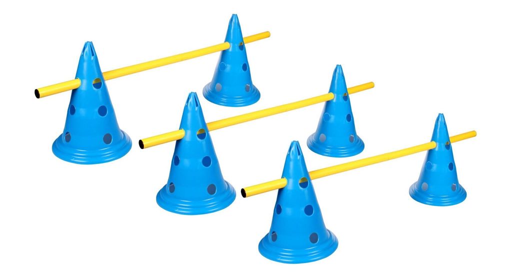 A set of blue agility training cones with yellow poles.