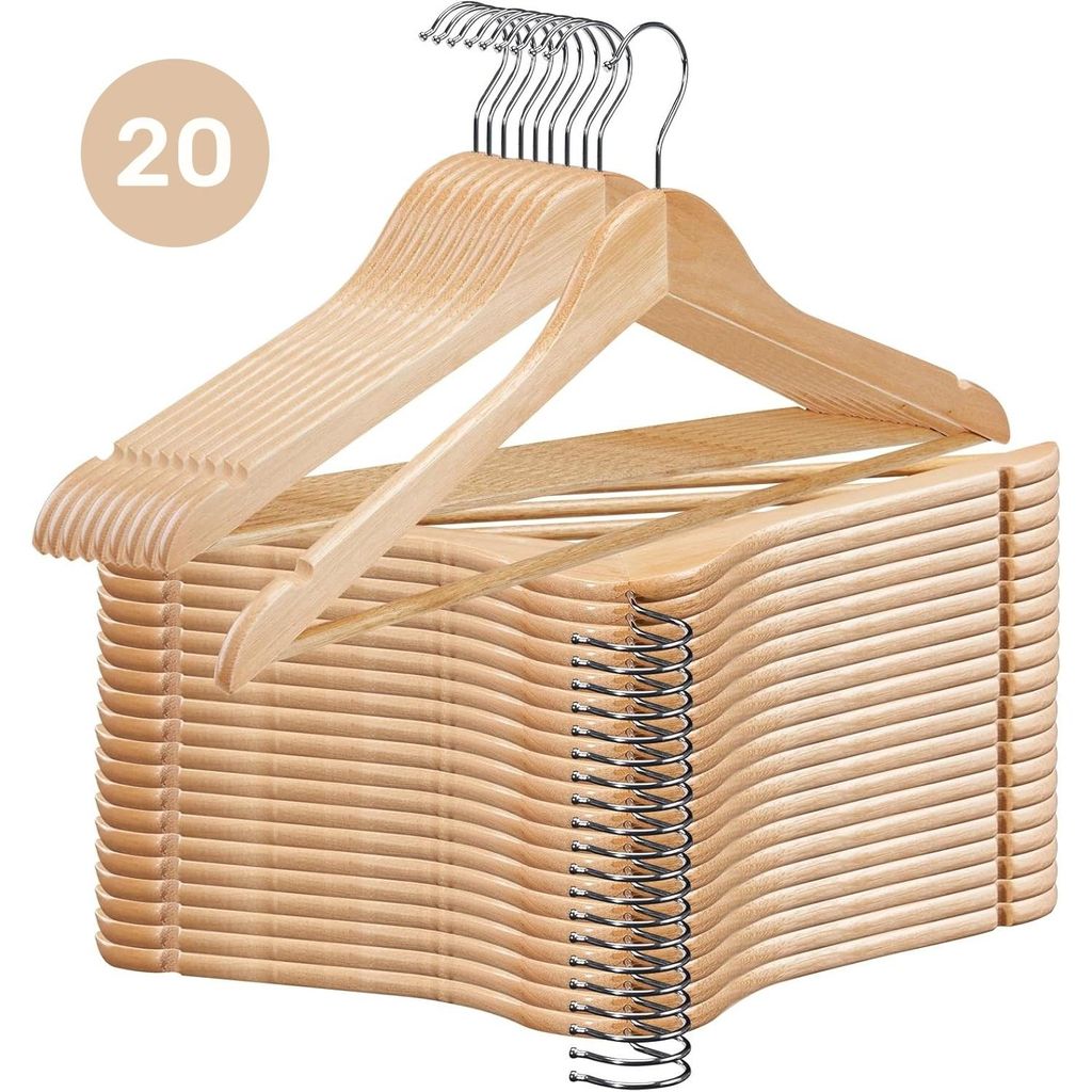 Kleiderbügel Holz 20er Set – Holzbügel aus Massivholz mit Hosensteg, Kerben & 360° Haken für Anzüge, Hemden & Jacken