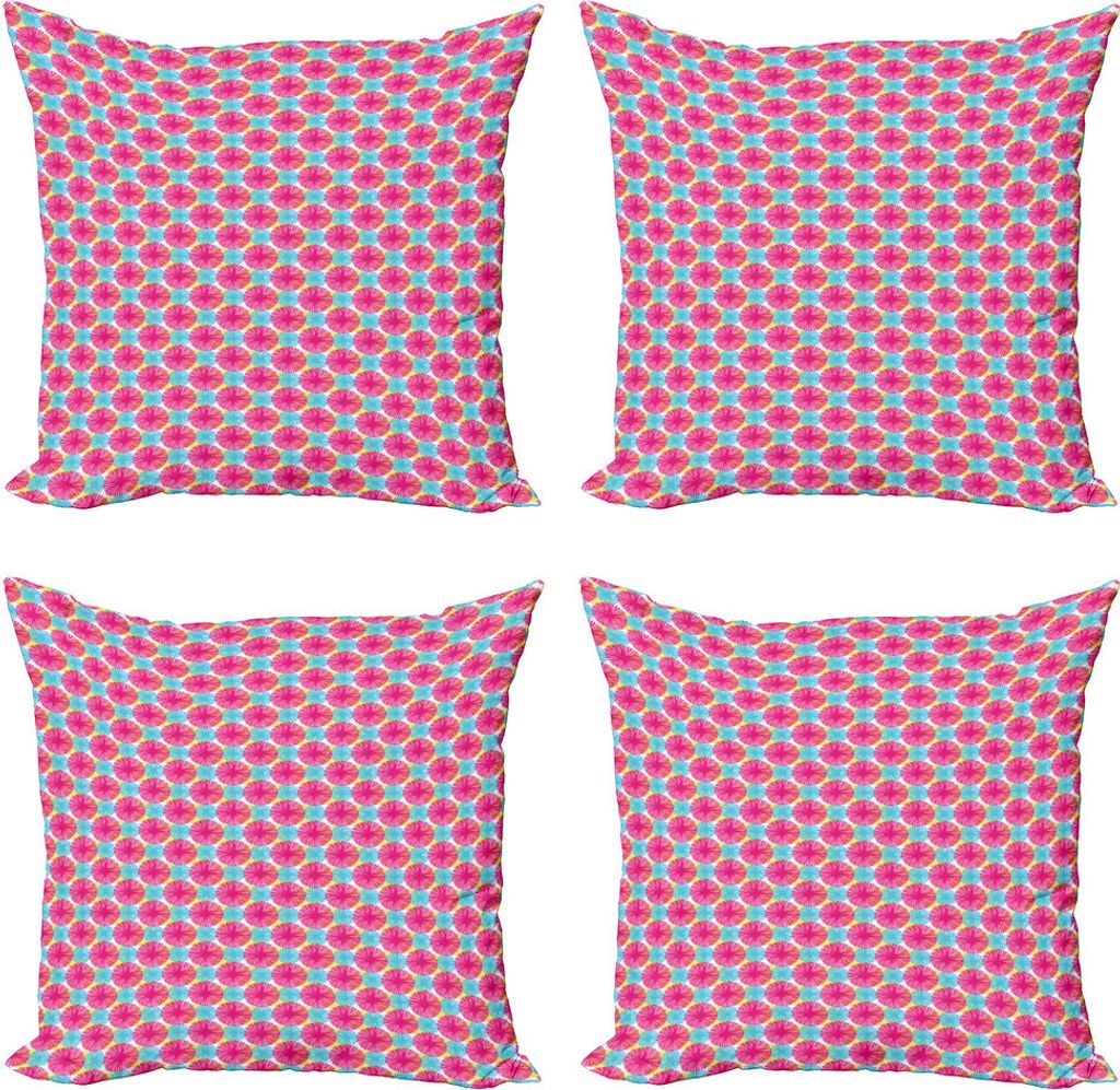 ABAKUHAUS Sommer Kissenbezug Set (4 Stück), Frisch und energetische Blumen, Moderner Doppelseitiger Digitaldruck, 40 cm x 40 cm, Hot Pink Sky Blue