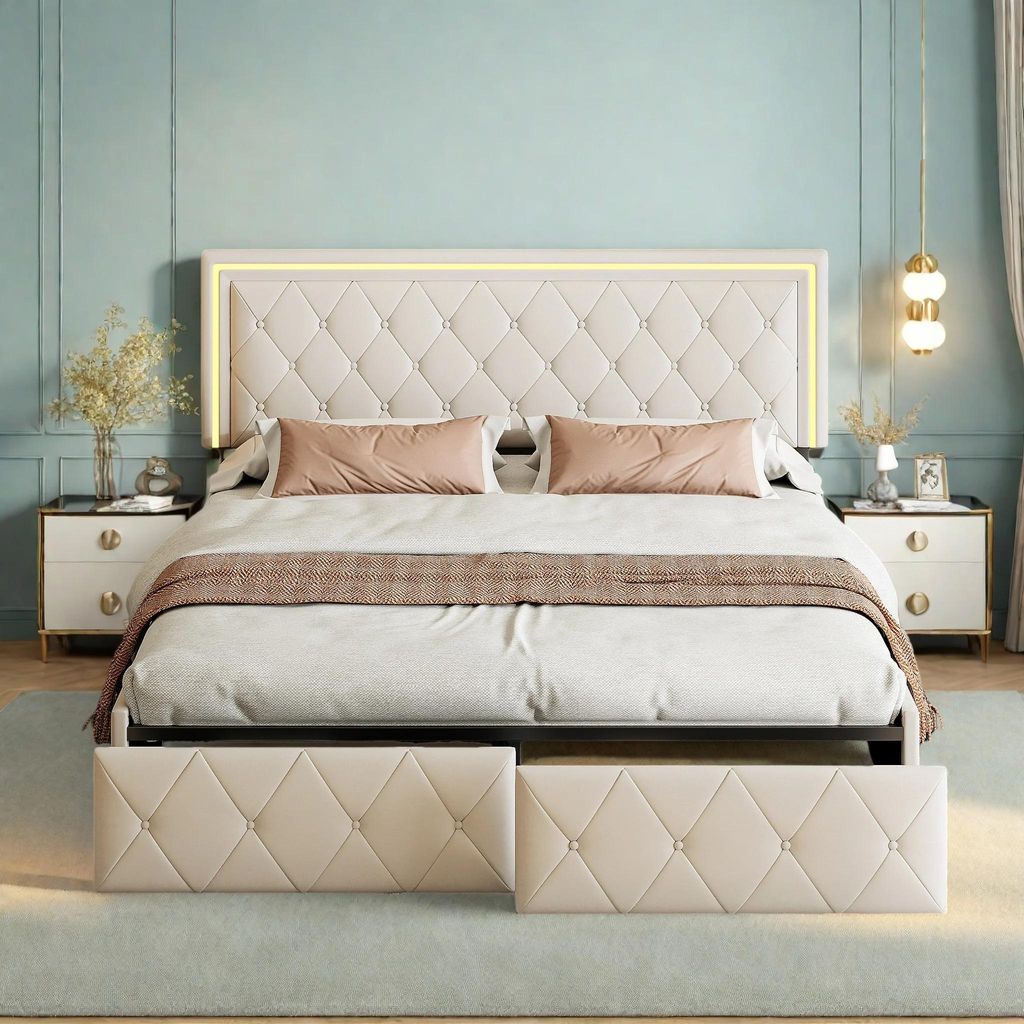 Polsterbett - Doppelbett - 160×200 cm - Echtleder-Bezug - LED-Beleuchtung - 4 Schubladen Stauraum - Höhenverstellbares Kopfteil - Weiß