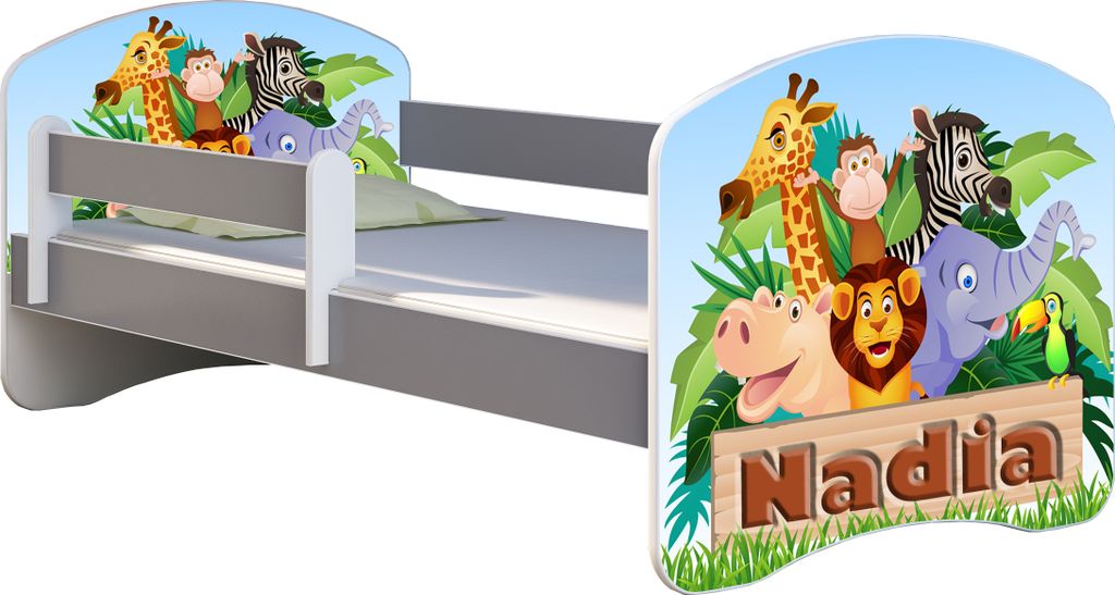ACMA Jugendbett Kinderbett Junior-Bett Komplett-Set mit Matratze Lattenrost und Rausfallschutz Grau 02 Animals Name 180x80