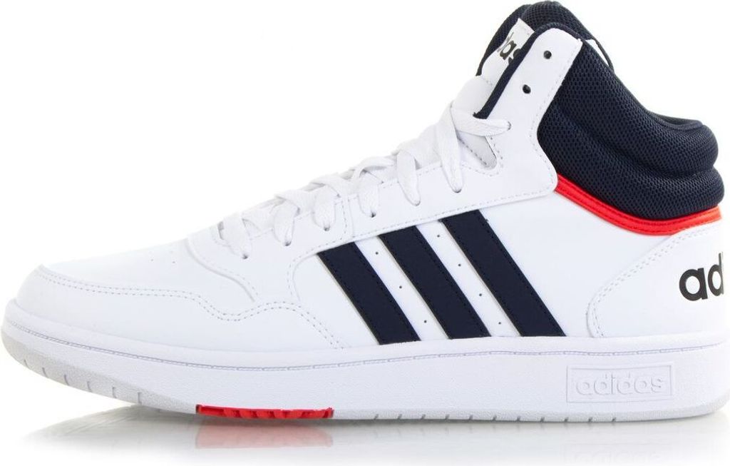 A white Adidas high-top sneaker with navy stripes and red accents.