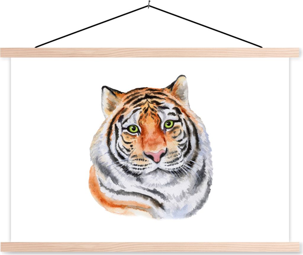 MuchoWow Textilposter Tiger - Augen - Weiß 120x80 cm mit holzfarbenen Rahmen - Aufhängeset