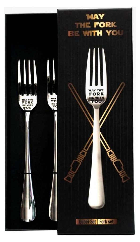 Gabelset May The Fork Be With You - 2 Tafelgabeln aus rostfreiem Edelstahl mit SciFi-Spruch für Geeks und Nerds, spülmaschinengeeignet (20,5 cm)
