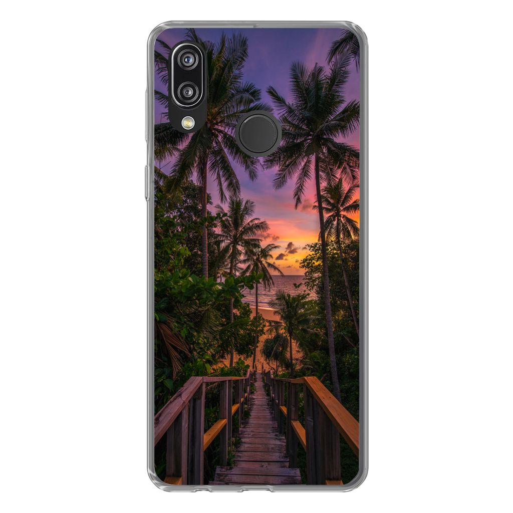 MuchoWow Handyhülle Schutzhülle Hülle für Huawei P20 Lite (2020) Sonnenuntergang - Palmen - Strand Silikon Softcase Handy Hülle - Kartenhalter