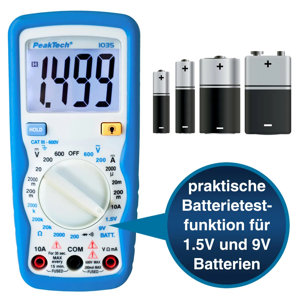 Multimètre PeakTech 1035 avec rétroéclairage et test de batterie intégré 9V - 11