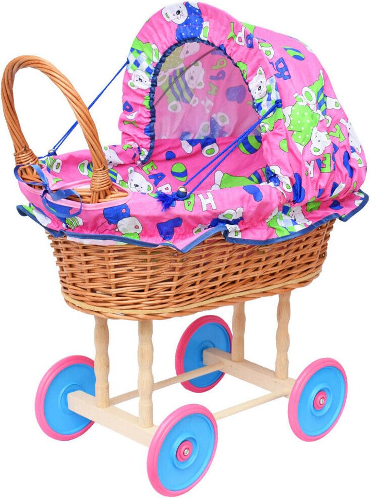 Puppenwagen aus Weide in Retro-Stil ROSA MIT TEDDYBÄREN Produktbild 