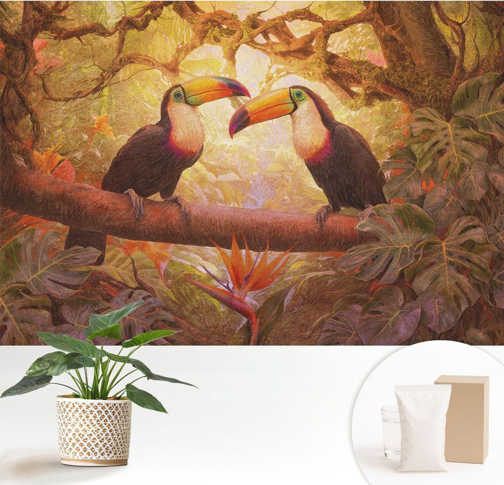 Fototapete - 152x104 cm - Tapete - Wandtapete - Wandbilder - Dekofolie - Tapete Folie - Wand - Dekoration - Wohnzimmer - Bunte Tukane