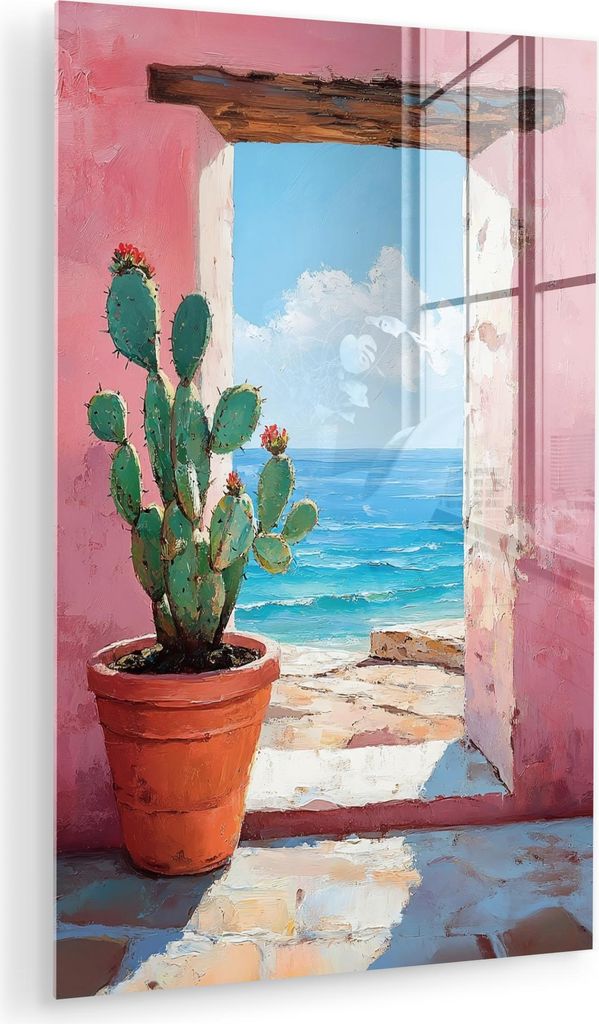 MuchoWow Glasbilder - Bilder auf Wandbild - Foto auf Glas Meer - Rosa - Kaktus 60x90 cm Wanddekoration aus Glas - Acrylglasbild - Acrylbilder - Pre...