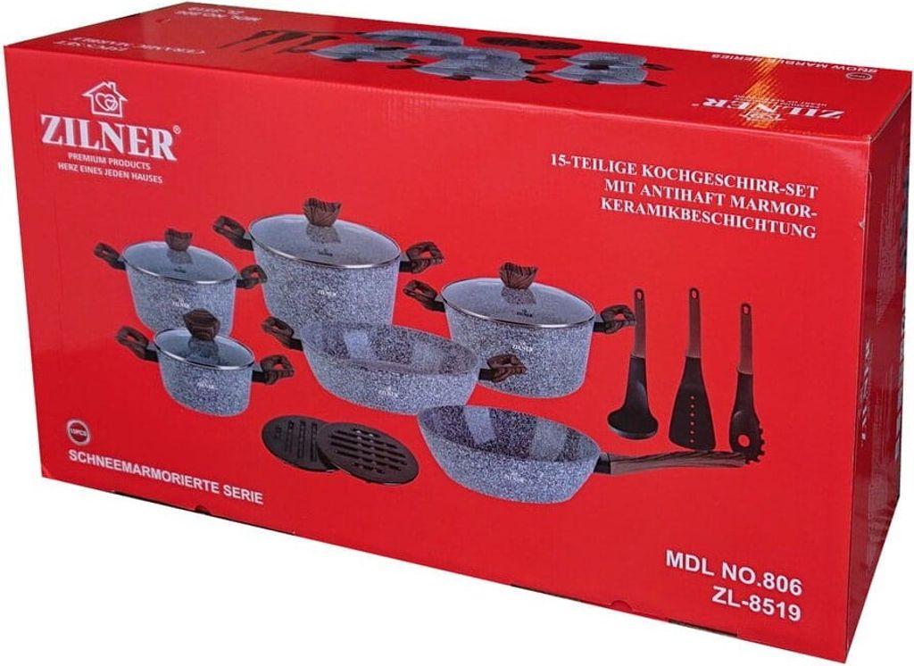 A red box packaging for a cookware set, displaying images of the pots and pans inside.